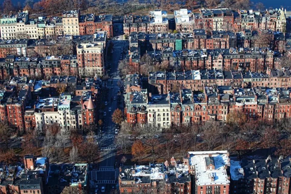 Aerial view of dense residential neighborhood in Back Bay, Boston, Massachusetts.
